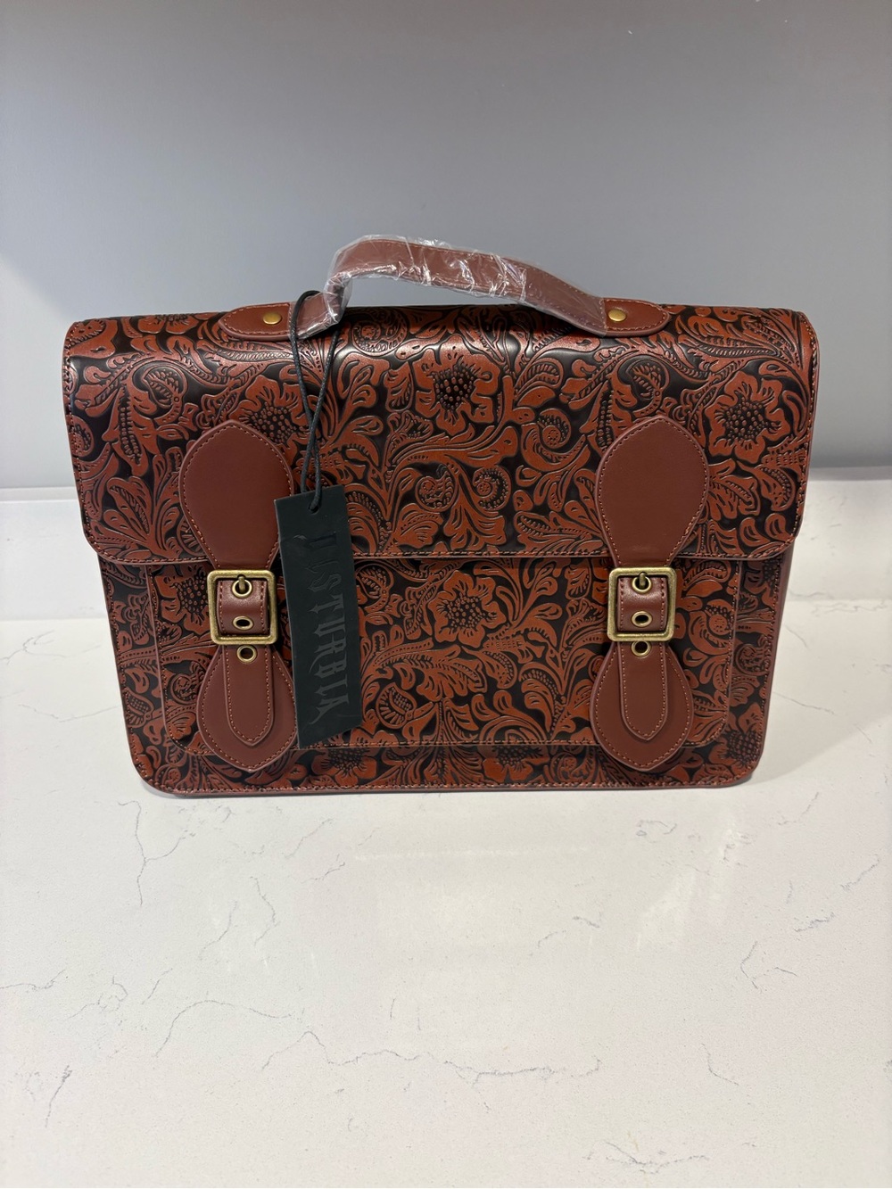 Floral Embossed Disturbia brand brown vegan Leather Satchel Messenger Bag